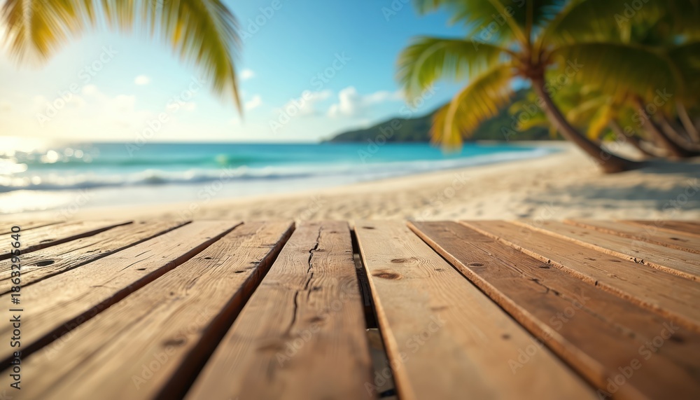 Fototapeta premium Wooden planks on a sandy beach with ocean waves and palm trees. Clear blue sky and sun shine over tropical island shore. Peaceful seaside with sea breeze.