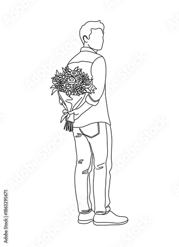 Man holding bouquet of flowers behind his back in line art style  