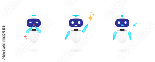 Cute robot mascot vector character set in different poses. Glossy white and blue generic brand chatbot icon for customer support service, virtual assistant, and artificial intelligence technology