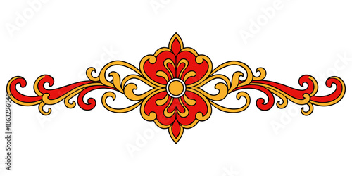 Ornate red and gold floral scroll design, vector