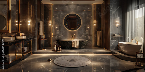 Luxurious Bathroom with Dark Marble and Freestanding Tub