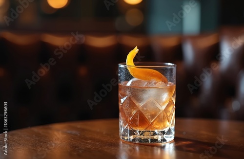 Glass of amber cocktail with ice and orange peel on a wooden table in a dimly lit bar. Soft background bokeh lights create an inviting atmosphere for evening relaxation and enjoyment. © miss irine