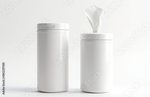Wallpaper Mural Two white canisters of sanitizing wipes shown on clean background. One container paper towel pulled out of top opening, ready for use in cleaning. Closed. Wipes help keep homes, public spaces clean, Torontodigital.ca
