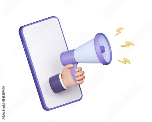 3d hand holding megaphone emerging from smartphone isolated on transparent background