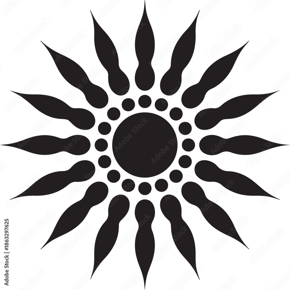 Fototapeta premium Black and white abstract sunburst pattern with concentric circles and elongated petal like shapes