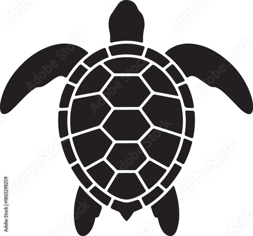 Black and white stylized turtle with segmented shell and curved flippers