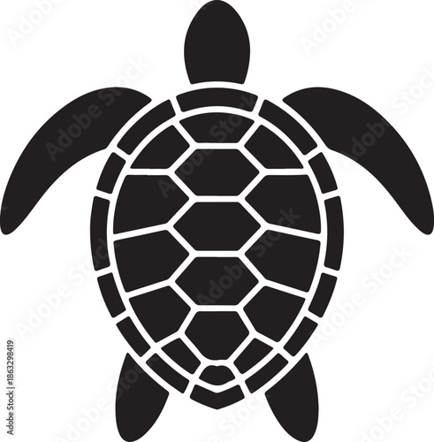 Black and white stylized turtle with segmented shell and elongated flippers