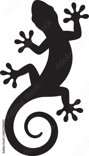 Black Silhouette of a Gecko with Curled Tail on White Background