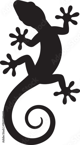 Black Silhouette of a Gecko with Star Shaped Limbs and a Curled Tail