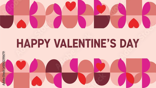 Happy Valentine's Day geometric pattern with hearts and retro design elements, romantic greeting card