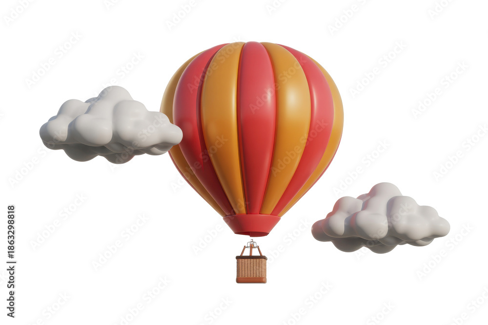 Fototapeta premium Striped hot air balloon with clouds