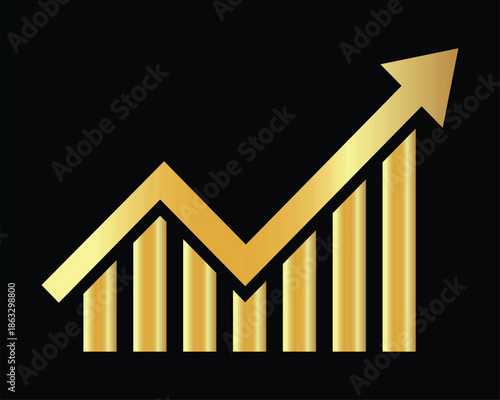 Shiny golden financial bar chart with rising arrow. Business concept of economic growth, sales increase, profit and success trend. Vector isolated on black background.