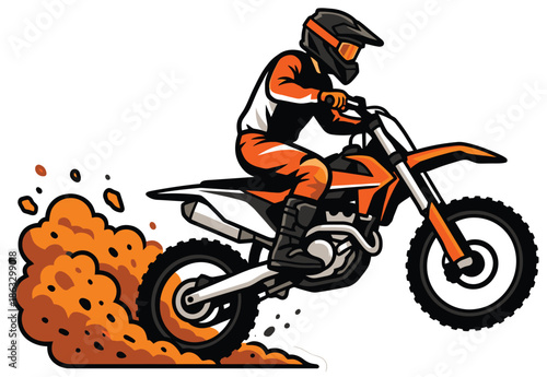 A cartoon illustration of a motorcyclist riding an orange dirt bike and kicking up a cloud of dust