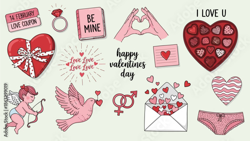 Valentine's Day illustration elements with hearts, cupid, love symbols, and romantic gifts