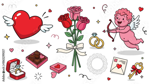 Valentine's Day Romantic Symbols Collection with Cupid, Heart, Roses, Chocolates, and Rings