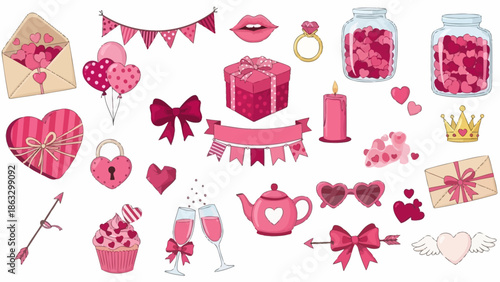 Charming collection of romantic pink and red graphic elements, featuring hearts, gifts, and festive decorations for celebrating love and special moments of affection