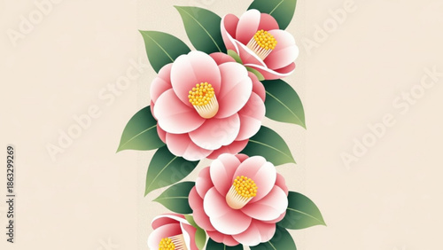 Beautiful pink camellia flowers with green leaves on beige background