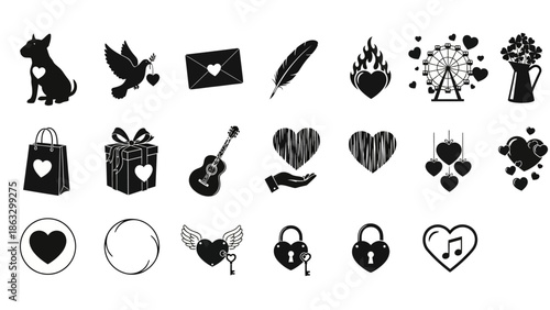 Collection of Valentine's Day and love-themed icons including hearts, gifts, and romantic symbols