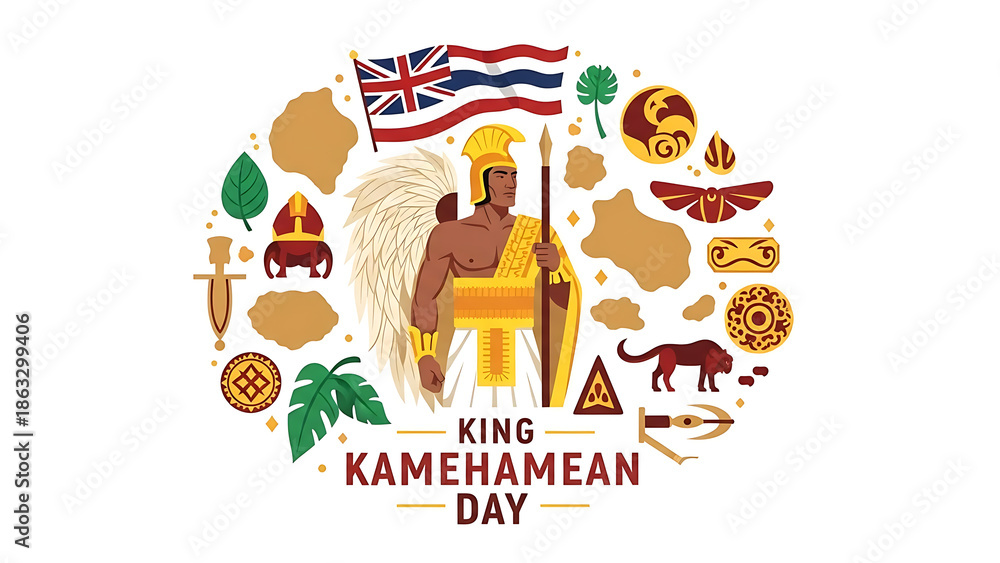 Fototapeta premium Vibrant King Kamehamean Day illustration with Hawaiian flag and warrior