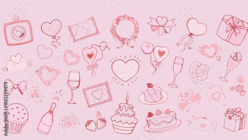 Charming hand-drawn collection of romantic doodles, featuring hearts, gifts, and treats, ideal for Valentine's Day, anniversaries, and heartfelt celebration designs