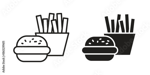 Burger Fries icons vector silhouette set. thin line icon pack.