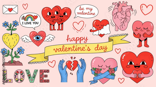 Delightful Valentine's Day doodle collection featuring whimsical hearts, charming characters, and sweet romantic elements for festive designs and joyful celebrations