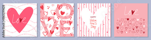 Cute hand drawn Valentine's Day greeting card collection with playful hearts and romantic text. Soft pink and red vector designs for love themed promotions, festive banners, heartfelt holiday wishes
