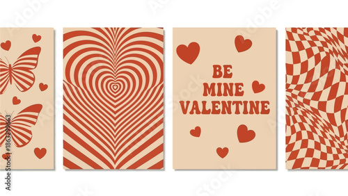 Whimsical Valentine's Day Card Set with Retro Hearts, Abstract Wavy Designs, and Butterfly Graphics in a Warm Vintage Color Palette for Love