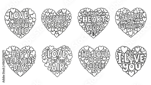 Eight lovely heart illustrations featuring romantic phrases and charming patterns, perfect for Valentine's Day, expressing love, or creative coloring book and greeting card designs