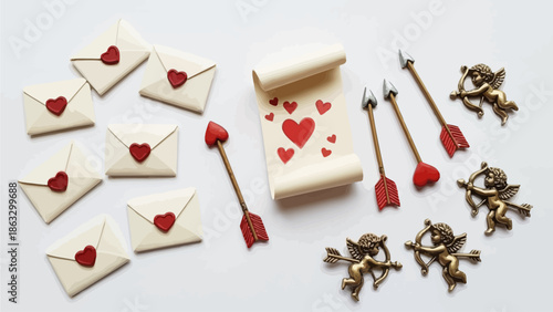 Romantic love letters, cupid's arrows, and hearts symbolizing Valentine's Day and affection