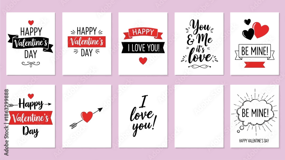 Fototapeta premium Collection of Valentine's Day greeting cards with romantic messages and symbols