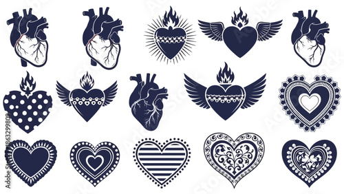 Vector collection of diverse stylized heart illustrations, including anatomical, sacred, and decorative designs. Features wings, flames, halos, and intricate patterns for graphic design