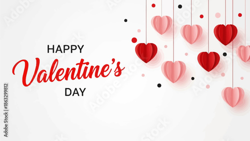 Romantic Valentine's Day greeting card with elegant typography and hanging paper hearts in shades of red and pink, perfect for expressing love and celebration on a festive white background