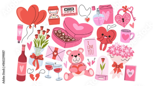 Valentine's Day Romantic Symbols Collection Hearts, Balloons, Gifts, and Sweet Treats