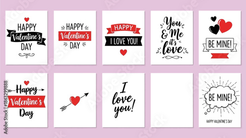 Collection of Valentine's Day greeting cards with romantic messages and symbols