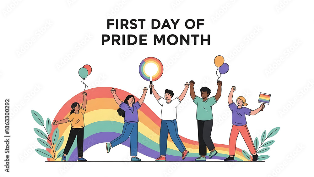 Fototapeta premium Diverse group celebrating Pride Month with rainbow balloons and flag