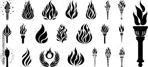 Large collection of black silhouette icons featuring various torch designs, fire flames, and burning emblems on a white background.