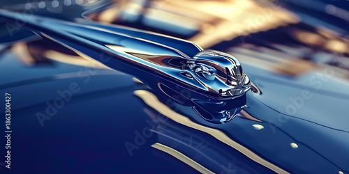Vintage Car Hood Ornament on Glossy Dark Blue Hood