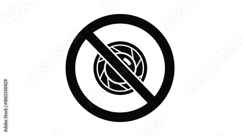 Prohibition symbol featuring a camera lens with a diagonal line indicating no photography