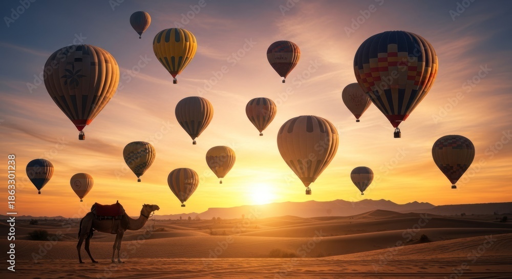 Naklejka premium Majestic Camel Watches Hot Air Balloons Drift Over Desert Dunes at Dawn