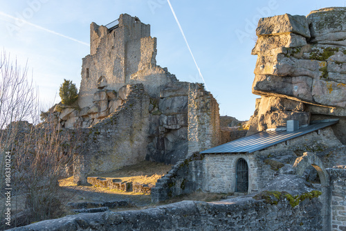 The medieval castle. The ruins of the castle on a winter evening? at sunset.