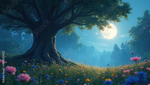 Wallpaper Mural Majestic tree grows in a forest meadow full of colorful wildflowers under a bright full moon. Blue sky and mist create a mystical night scene. Lush green foliage surrounds the serene landscape. Torontodigital.ca