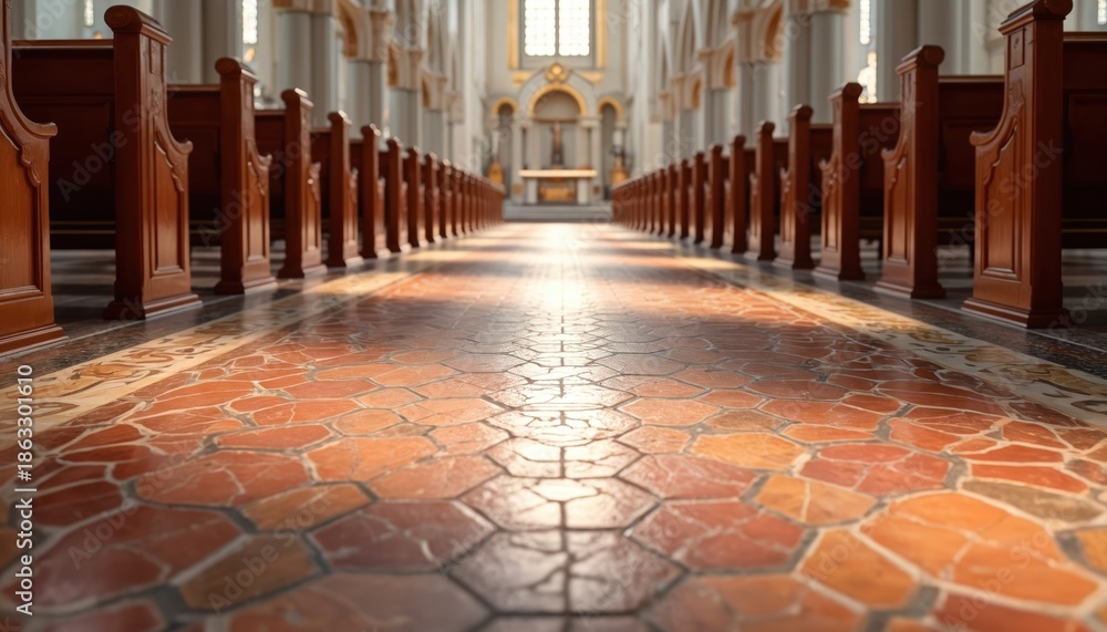 Fototapeta premium Interior view of church aisle with wooden pews on sides. Octagonal terracotta floor tiles reflect sunlight. Altar and cross visible at far end of nave. Religious architecture.