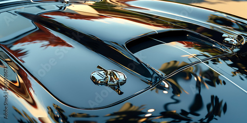 Glossy Black Car Hood Reflecting Palm Trees and Sky
