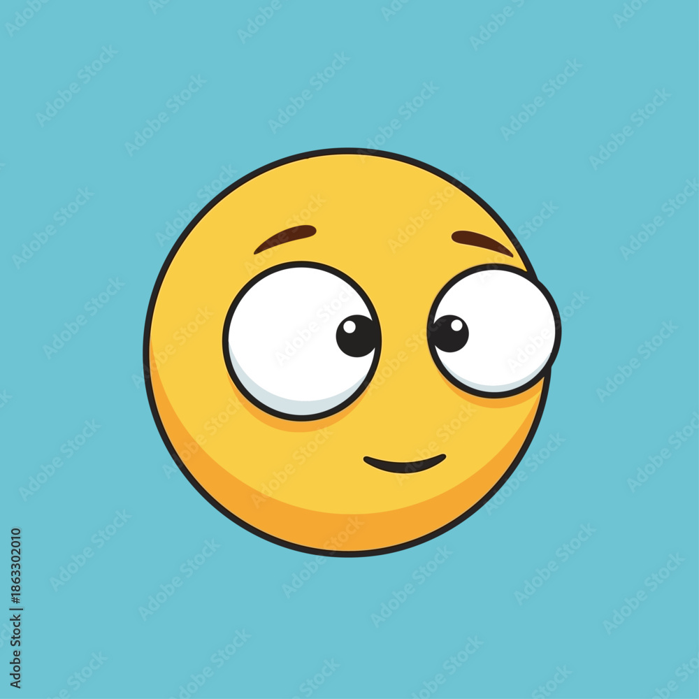 Fototapeta premium Cartoon emoji with raised eyebrow and sly smile on blue background