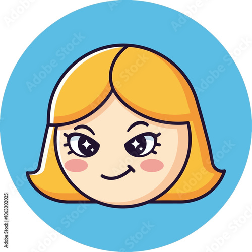 Smiling cartoon girl with blonde hair and rosy cheeks on blue background
