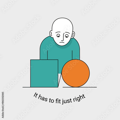 Frustrated man struggling to fit shapes together perfectly