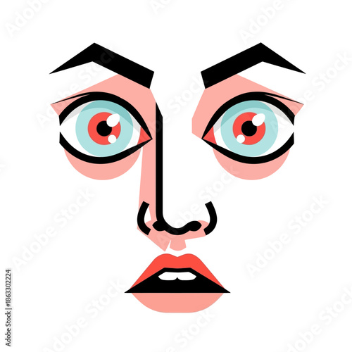 Stylized cartoon face with shocked expression and vibrant eyes