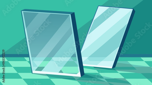 Two sleek, transparent glass panels leaning on a vibrant green checkered floor, casting subtle reflections and creating a modern, minimalist display element suitable for various design concepts