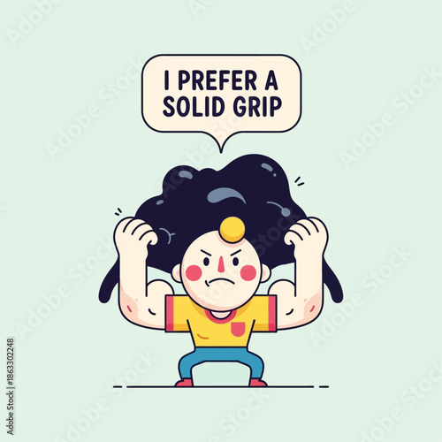 Cartoon character struggling with unruly hair and solid grip